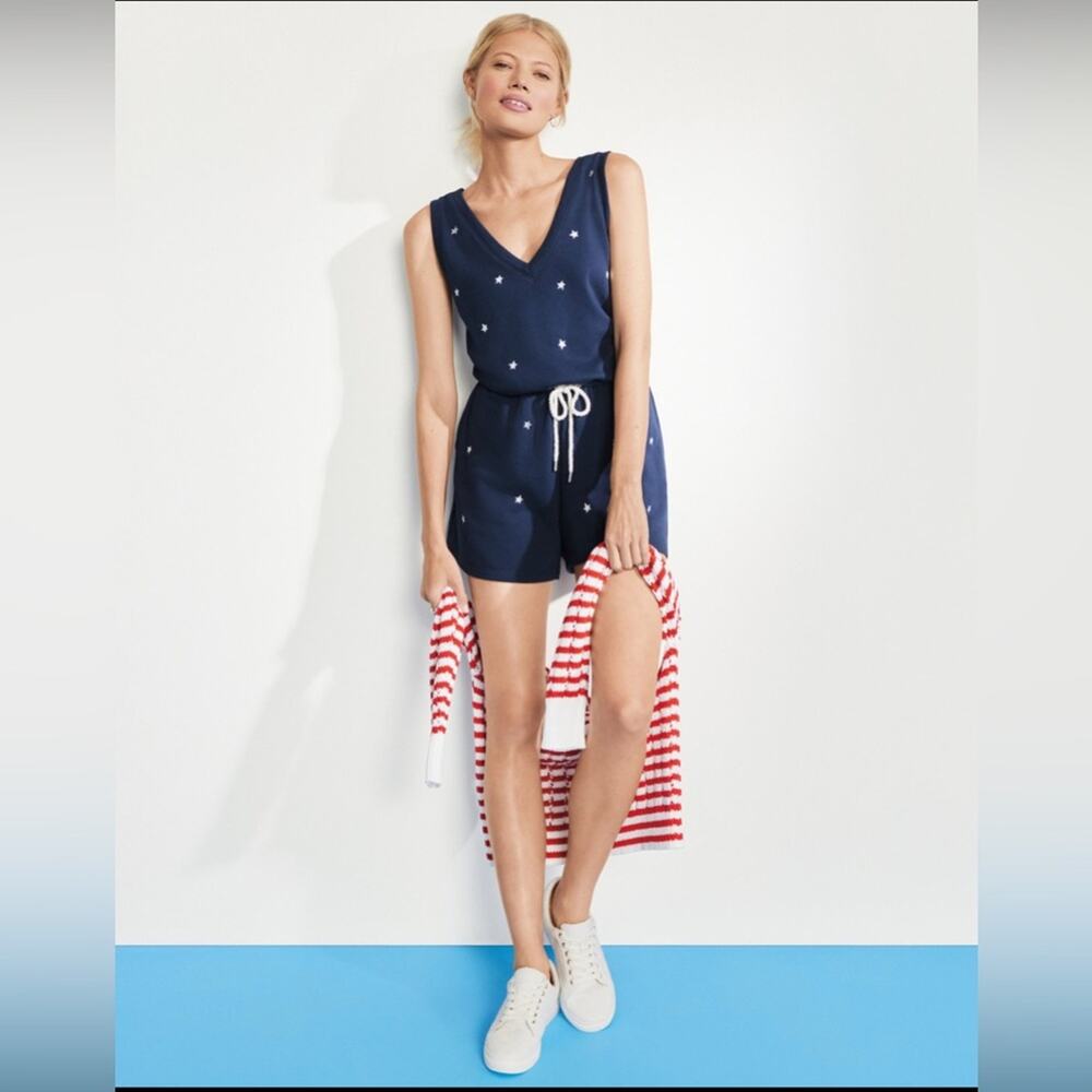 NWOT Lou & Grey Navy Blue White Embroidered Star Cotton Terry V-Neck Romper SZ S